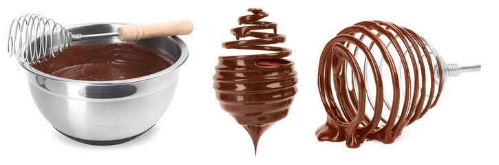 Whisks with chocolate cream isolated on white, set