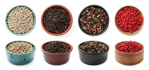 Aromatic spices. Different types of peppercorns in bowls isolated on white, top and side views
