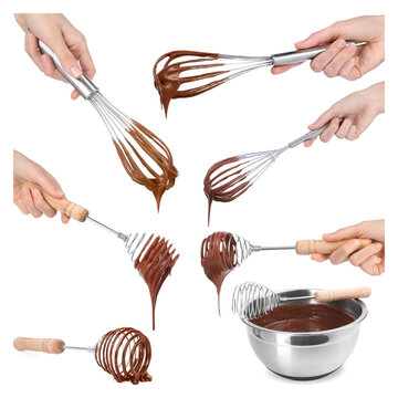 Women holding whisks with chocolate cream on white background, set of photos