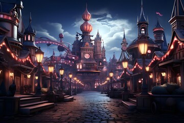 Fairy tale city at night with lanterns and fairground rides