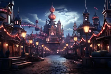 Foto op Canvas Fairy tale city at night with lanterns and fairground rides © Iman