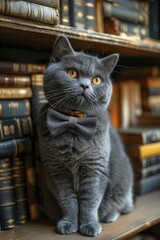 An elegant British Shorthair in a bow tie exudes sophistication and calmness against a bookshelf backdrop, perfect for educational promotions.