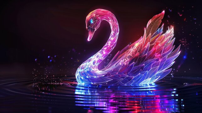 Abstract 3d colorful hologram swan drawing in dark background. AI generated