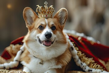 Noble and cheerful, the regal Corgi with crown and robe against a castle backdrop is perfect for royal souvenirs and themed product displays.
