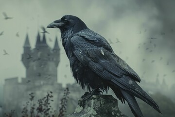 Crow with Wizard Cloak on Castle Tower Background, Dark and Mystical, Ideal for Fantasy Novel and Magic Trick Product Displays - obrazy, fototapety, plakaty