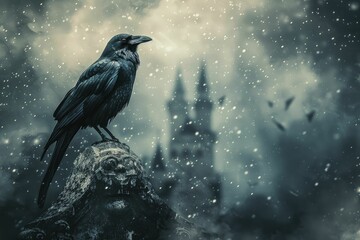 A mysterious crow in a wizard cloak perched on a castle tower in a dark and mystical setting, perfect for fantasy tales and magic products. - obrazy, fototapety, plakaty