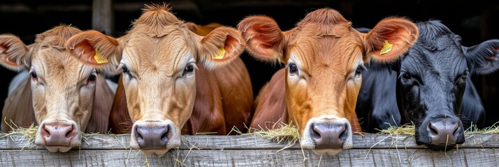 Tranquil cattle leisurely feeding on hay inside cowshed at a bustling dairy farm - obrazy, fototapety, plakaty