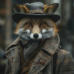 A cunning fox in a detective ensemble against a London street backdrop, exuding mystery and intelligence, perfect for showcasing detective games and novels. - obrazy, fototapety, plakaty