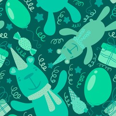 Birthday cartoon animals seamless bears and balloons and gift box and ice cream pattern for wrapping paper