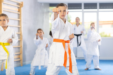 Young karate students gather in dojo to practice their kicks and punches under the watchful eye of their sensei. © JackF