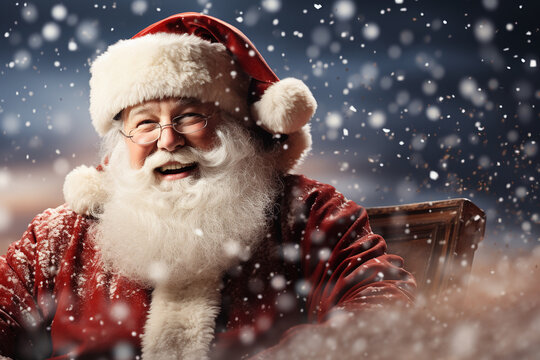 Santa Claus sitting on a bench in the park. Christmas background.