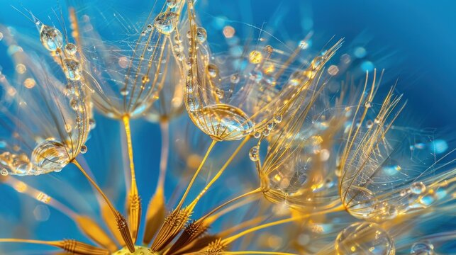 Close up of dandelion with morning dew droplets on blue background. Generated AI image