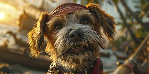 An adventurous Jack Russell Terrier in a pirate costume brings excitement to children's books and playsets with a vibrant island backdrop.