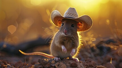 Mouse with Cowboy Hat on Desert Sunset Background, Wild West Theme, Ideal for Americana Decor and Western Novel Product Displays