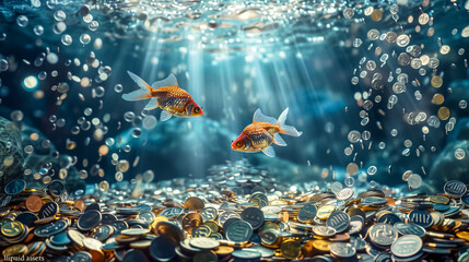 Wealthy waters: goldfish swimming among coins - obrazy, fototapety, plakaty