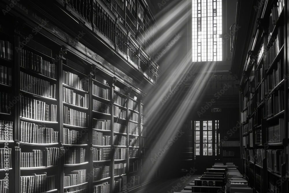 Poster an atmospheric black and white photo capturing beams of light pouring through library windows, enlig