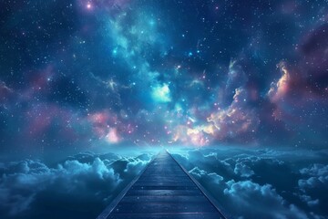 An ethereal scene depicting a wooden pier leading into a dreamscape of cloud-covered starry sky, symbolizing hope and the unknown - obrazy, fototapety, plakaty