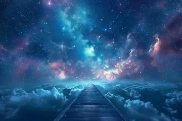 Poster An ethereal scene depicting a wooden pier leading into a dreamscape of cloud-covered starry sky, symbolizing hope and the unknown © ChaoticMind