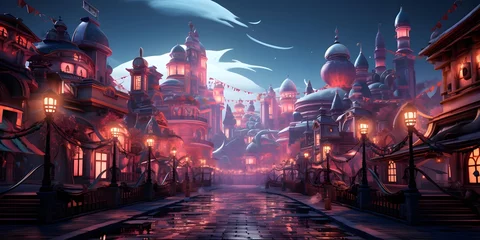 Poster de jardin Violet Fantasy Landscape of the city at night. 3D rendering