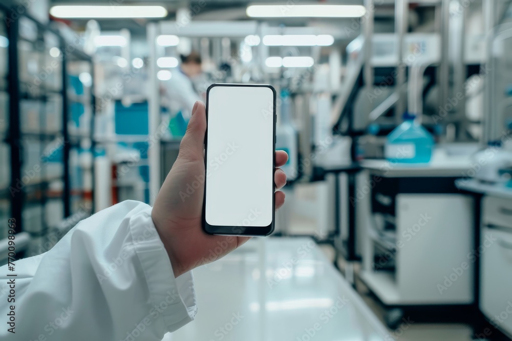 Poster a scientist's hand is shown holding a mobile phone with a blank screen in a laboratory environment, 