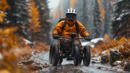Intense focus of a mountain biker riding an adaptive bike through a snowy forest path during the fall season