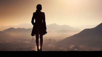 silhouette of business woman look somewhere on the mountain - obrazy, fototapety, plakaty