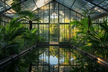 An immersive visual experience of a tropical greenhouse, with a tranquil water feature mirroring vibrant plant life