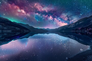 A breathtaking view of the Milky Way casting vibrant colors over a still mountain lake reflecting the night sky