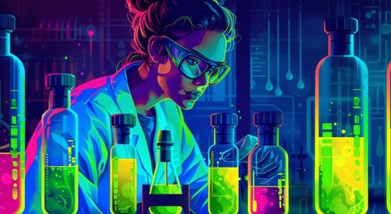Cyberpunk lab, portrait of a female scientist, chemestry, glowing green viles, blue glass tubes, distilling pink, yellow and green glowing liquid, illustration 