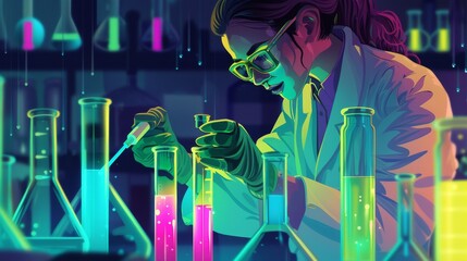 Cyberpunk lab, portrait of a female scientist, chemestry, glowing green viles, blue glass tubes, distilling pink, yellow and green glowing liquid, illustration 