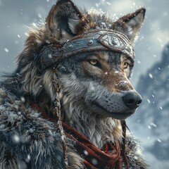 Wolf with Viking Helmet on Snowy Mountain Background, Brave and Wild, Ideal for Adventure Gear and Historical Fiction Book Product Displays
