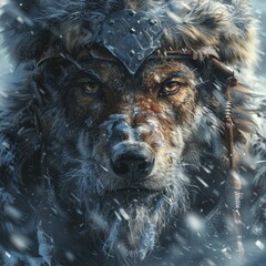 Embrace the untamed spirit of a Viking-wolf on a snowy peak, perfect for adventure gear and historical fiction showcases.