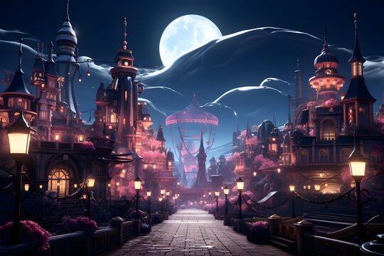 Fototapeta Fantasy city at night with full moon and stars. 3d illustration