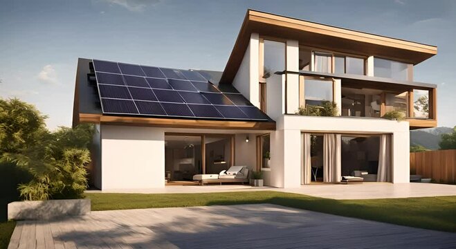 Newly built solar panel house in the afternoon sun