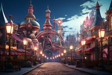 Fantasy city at night. 3D rendering, 3D illustration.