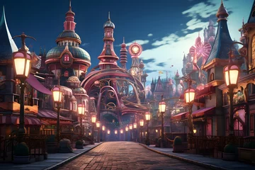 Foto op Canvas Fantasy city at night. 3D rendering, 3D illustration. © Iman