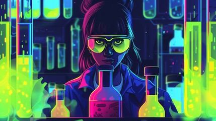 A portrait of a female in a cyberpunk lab, brain Surgery, illustration vector, flat design, concept, scientist working