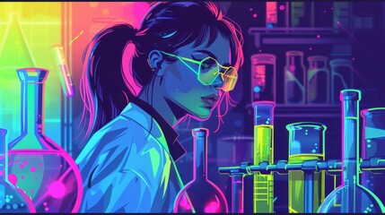 A portrait of a female in a cyberpunk lab, brain Surgery, illustration vector, flat design, concept, scientist working