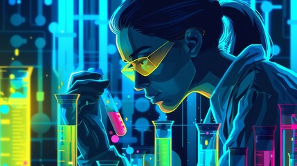 A portrait of a female in a cyberpunk lab, brain Surgery, illustration vector, flat design, concept, scientist working
