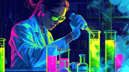 A portrait of a female in a cyberpunk lab, brain Surgery, illustration vector, flat design, concept, scientist working