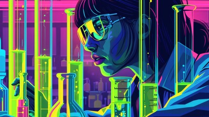 A portrait of a female in a cyberpunk lab, brain Surgery, illustration vector, flat design, concept, scientist working