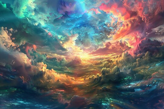 A surreal and colorful abstract depiction of the sky with swirling patterns and a bright central light