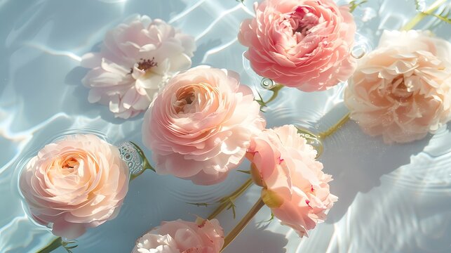 Gentle pink peonies and ranunculus in water with light reflections on pastel pink background. Beautiful backdrop for your design with copy space