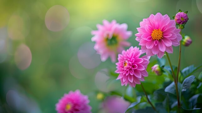 Beautiful pink dahlia flowers in nature close-up on green background. 