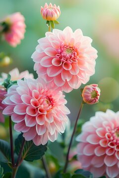 Beautiful pink dahlia flowers in nature close-up on green background. 