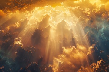 A breathtaking scene of sunrays piercing through magnificent clouds conveying a sense of awe, freedom, and the sublime