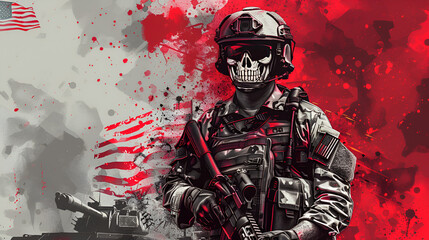  American soldier in uniform with skull face and guns vector