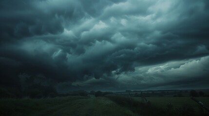 Thick dark clouds roll in over the countryside their ominous presence signalling the impending wrath of nature. - obrazy, fototapety, plakaty