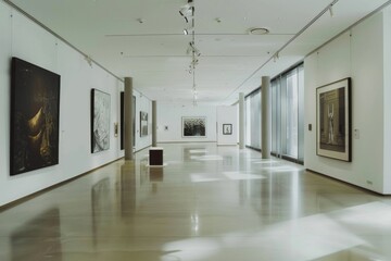 This image showcases a well-lit art gallery space with various framed artworks displayed along the walls