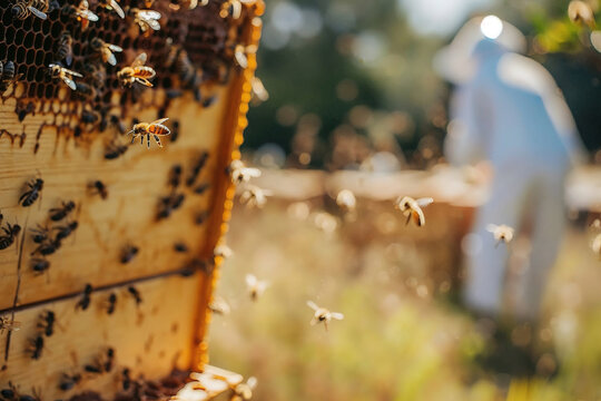 Busy bees swarm around a honeycomb in the warm glow of sunlight, with a beekeeper in the background. Generative AI